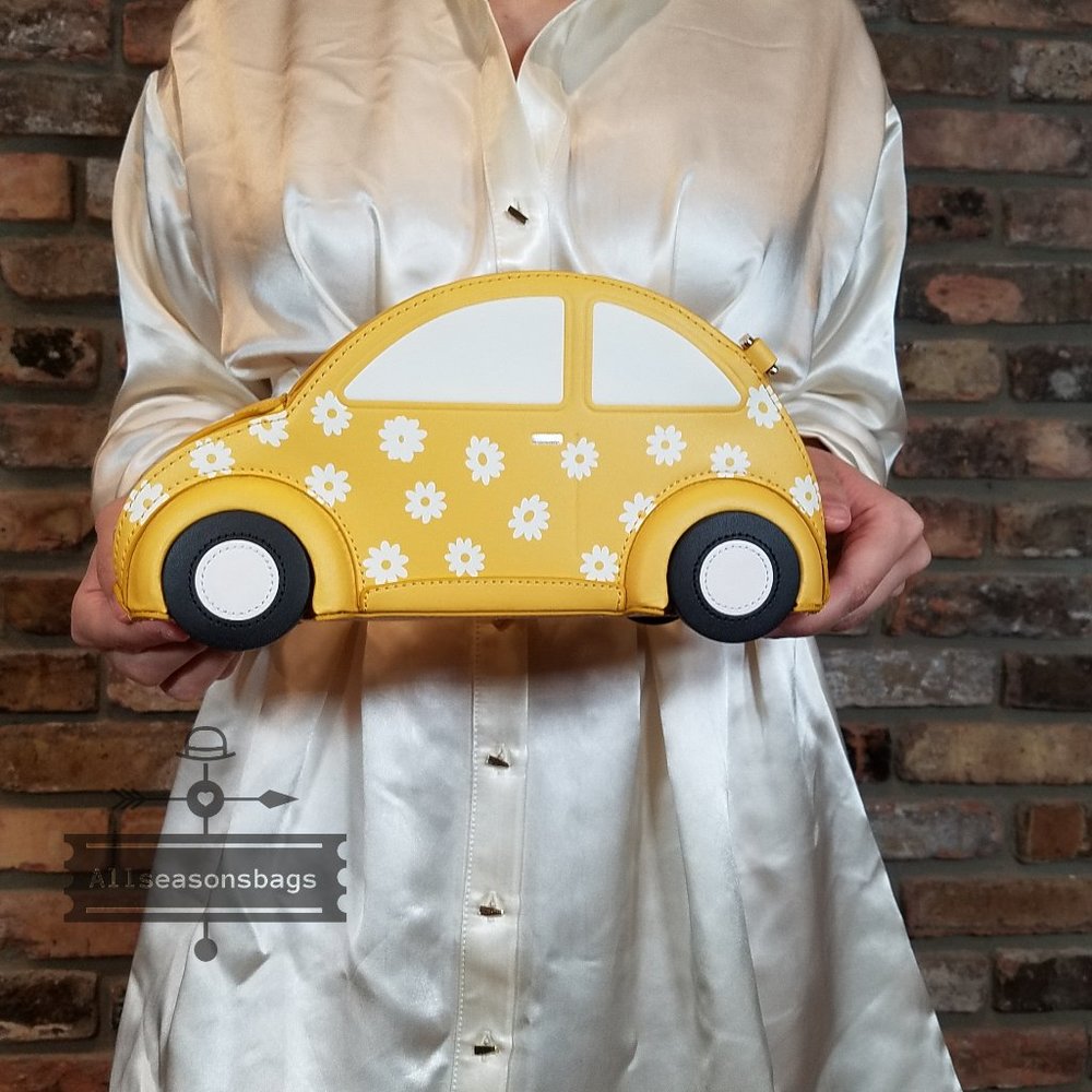 AUTHENTIC Beetle Kate Spade beep beep car crossbody bag yellow multi white NWT - Picture 1 of 12